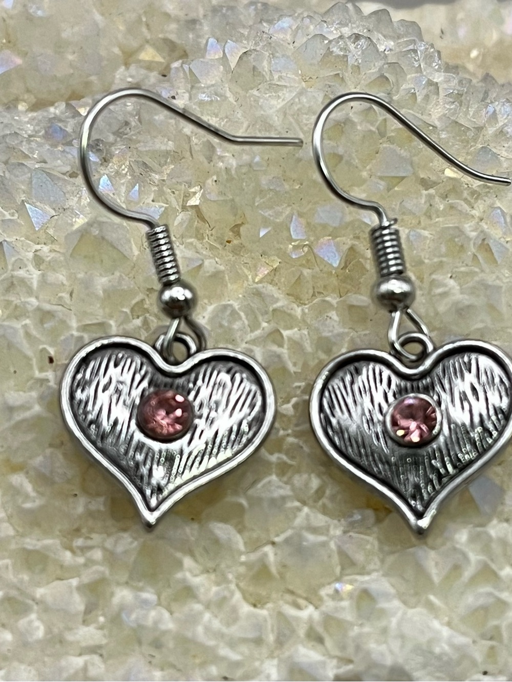 Silver Tone Textured Heart Pink Rhinestone Dangle Drop, Fish Hook Romantic